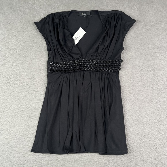 Sky Shirt Womens Small Black Braided Waist V Neck Draped Stretch Jersey Made USA - Picture 1 of 14